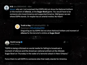 After the terror attack in New Orleans, ESPN came under fire for failing to play the Sugar Bowl national anthem.